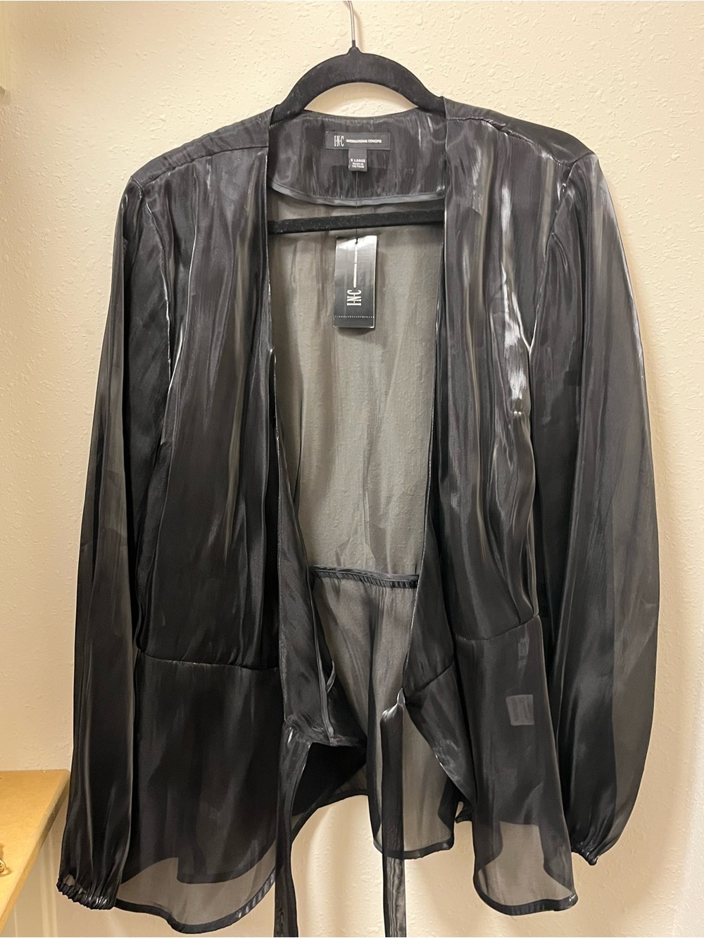 INC International Concepts Black Sheer Draped Open Front Jacket